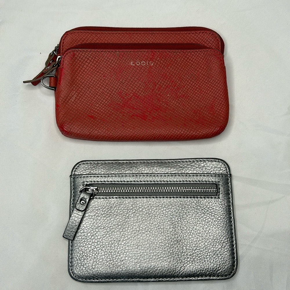 LODIS Bundle of two leather mini wallets. Silver pouch holds 6 cards.